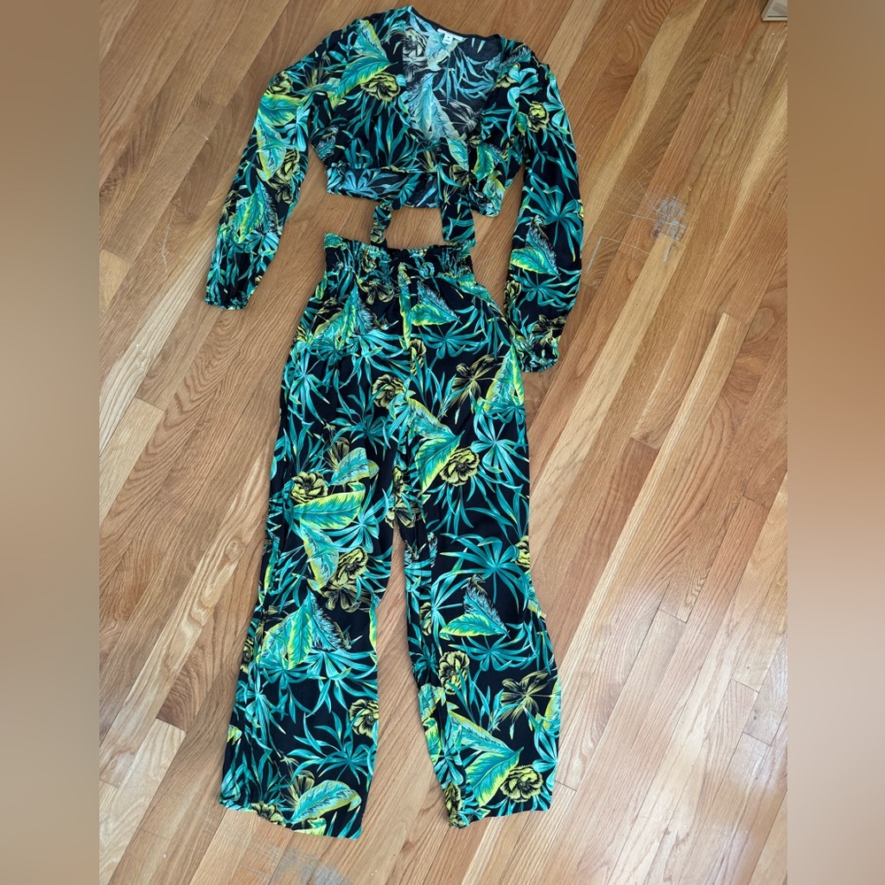 Bar III Tropical Print Jumpsuit in Green and Black